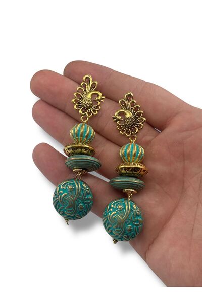 dela otantik Handmade Turquoise and Gold Color Bohemian Dangle Earrings – Authentic Ethnic Big Stone Bijoux Jewelry