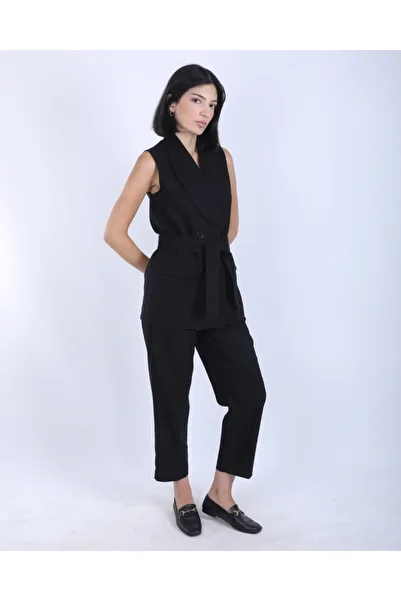 deqfashion Women's Black Shawl Collar Vest Pants Double Suit