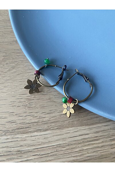 dela otantik Handmade Flower Patterned Hoop Earrings - Nature Themed Authentic Bohemian Bijoux Jewelry - Floral Earrings