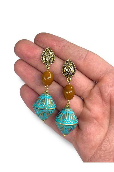 dela otantik Handmade Turquoise and Gold Color Bohemian Dangle Earrings – Authentic Ethnic Big Stone Bijoux Jewelry