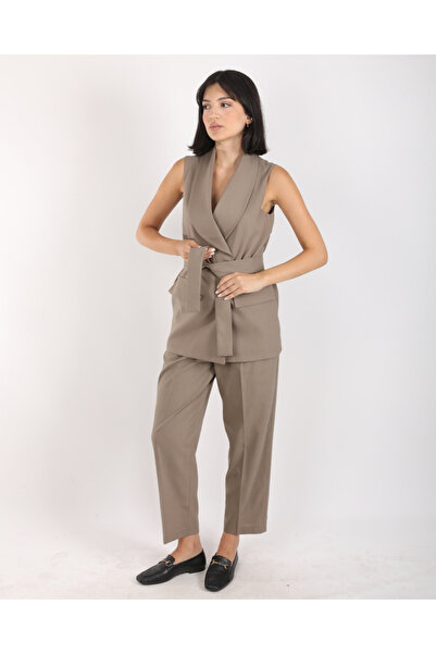 deqfashion Women's Khaki Shawl Collar Vest Pants Double Suit