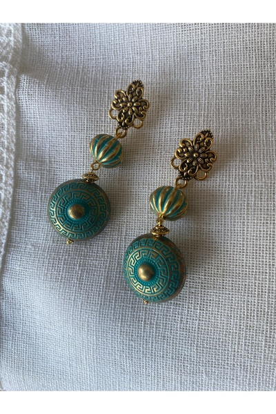 dela otantik Handmade Turquoise and Gold Color Bohemian Dangle Earrings – Authentic Ethnic Big Stone Bijoux Jewelry