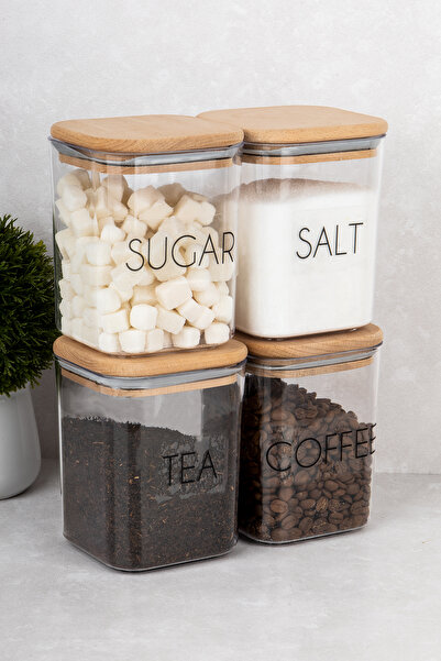 DNS HOME 4 Pieces Storage Container Wooden Vacuum Lid Tea Sugar Coffee Salt Jar with Label Gift Mica 900 ml