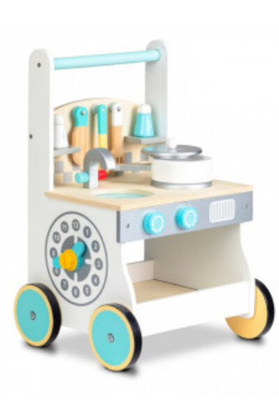 Ecotoys Mini Wooden Kitchen Pushcart with Accessories, Ecotoys, 32x28.5x48.5 cm