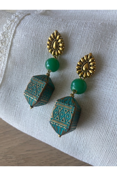 dela otantik Handmade Turquoise and Gold Color Bohemian Dangle Earrings – Authentic Ethnic Big Stone Bijoux Jewelry