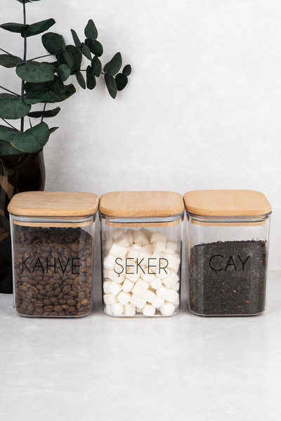 DNS HOME 3-Piece 900 ml Tea Sugar Coffee Storage Container Wooden Vacuum Jar with Lid Mica with Label Gift