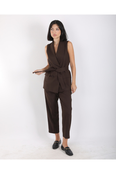 DEQ FASHION Women's Brown Color Shawl Collar Vest Pants Double Suit