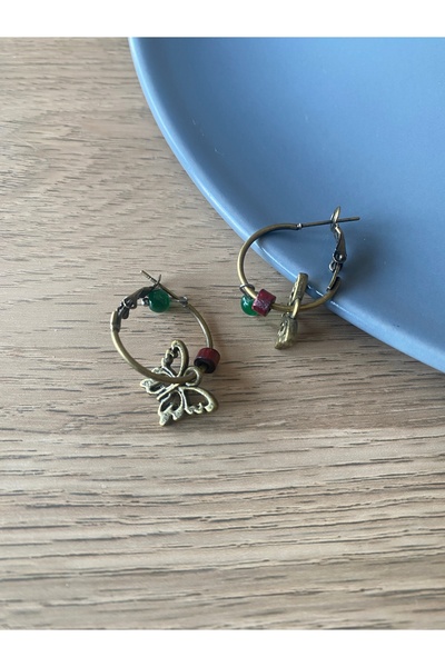 dela otantik Handmade Butterfly Patterned Hoop Earrings - Nature Themed Authentic Bohemian Bijoux Jewelry - Butterfly Earrings