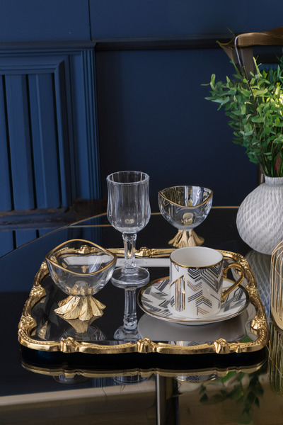 Yaren Style Set of 6 Gold Detailed Coffee Side Glass Turkish Delight Bowl & Sauce Bowl |   Luxury Leaf Footed Presentation Set
