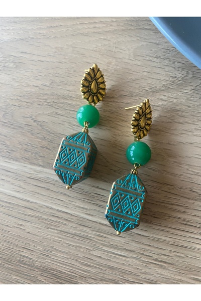 dela otantik Handmade Turquoise and Gold Color Bohemian Dangle Earrings – Authentic Ethnic Big Stone Bijoux Jewelry