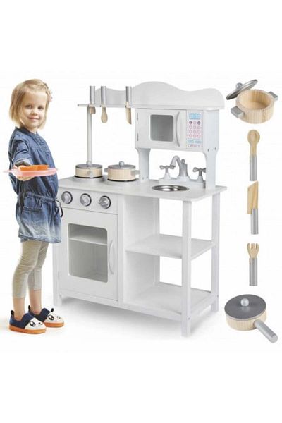 Ricokids Wooden kitchen for children 60 x 30 x 85 cm, stove, sink, microwave, dishes, utensils, Ricokids, RC-