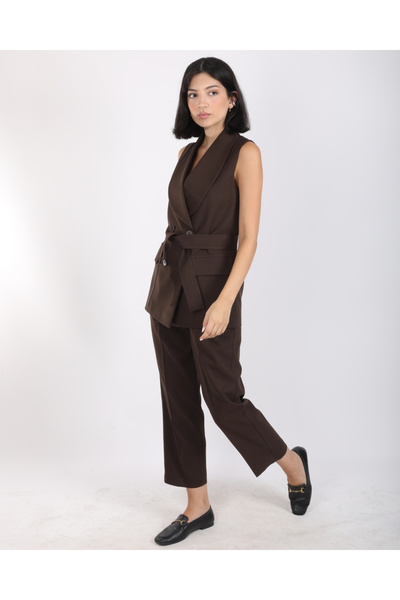 deqfashion Women's Bitter Brown Shawl Collar Vest Pants Two-Piece Set