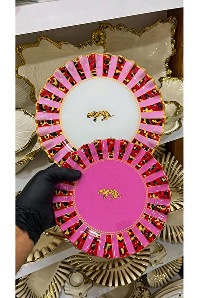 GÜRCÜGLASS Pembe Leopar Desenli 7 Parça Pasta Takımı 1 Adet Servis Tabağı 6 Adet Pasta Tabağı