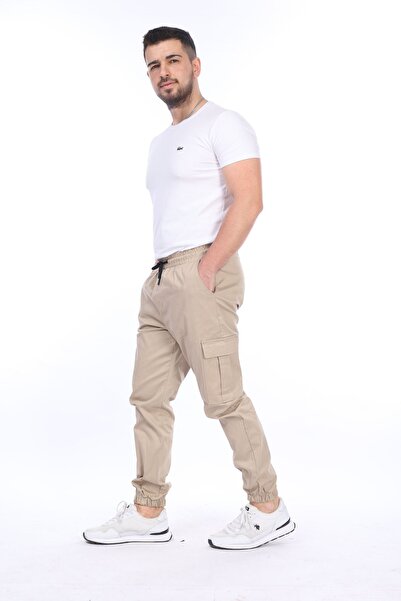 VIKUNYA Men's Ecru Jogger Cotton Lycra Cargo Pants with Elastic Waist and Legs Gabardine Cargo Pocket Trousers