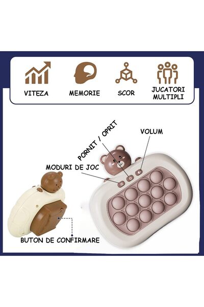 miraza Jucărie Electronică Pop-It,Versiune Nouă cu 13 Butoane, Peste 999 Niveluri, Ursulet