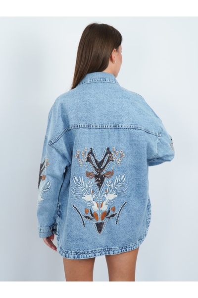 LOVELYSTORE Nakış İşlemeli Oversize Düğme Detaylı Ceket