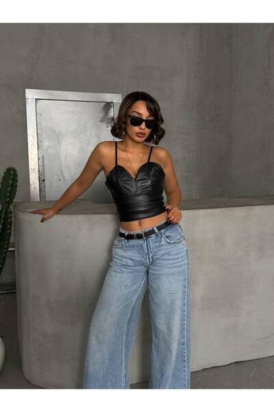 Bleu Petite Black Color Faux Leather Crop