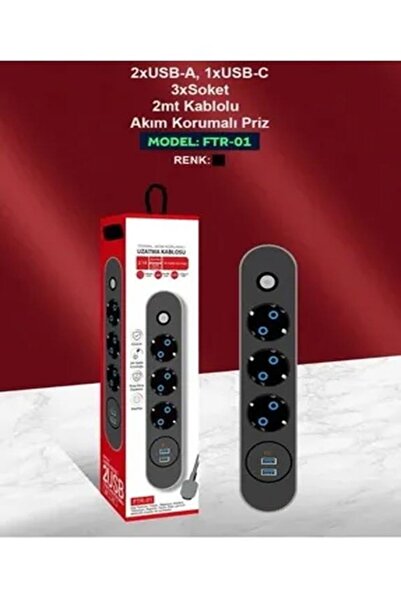 Aleeza Akım Korumalı 2 Metre Grup Priz 3 Lü Usb Şarj Aleti 2500 Watt 2 X Usb - 1 X Type-c Girişli