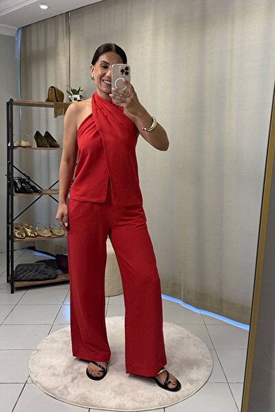 Bucle By Gizem Boyundan Bağlamalı Bluz Pantolon Takım Kırmızı