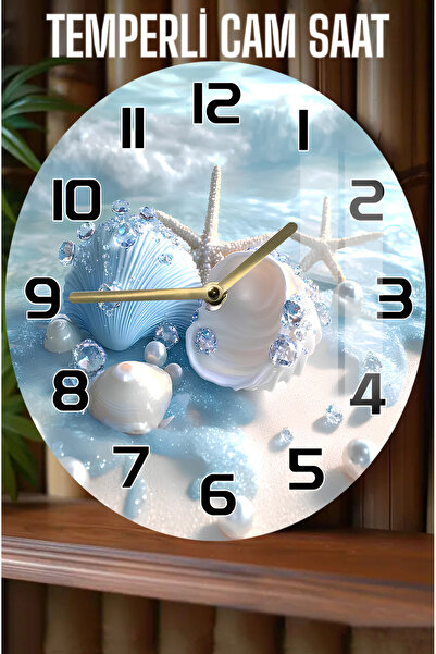 kutuTR Deniz Kabuklu & İncili Tasarım 3D Görünümlü Temperli Cam Saat – 33 cm CSDW411