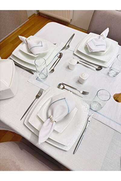 Zeren Home Piko Processing Detailed Silvery White Carefree Table Cloth + 12 Napkins