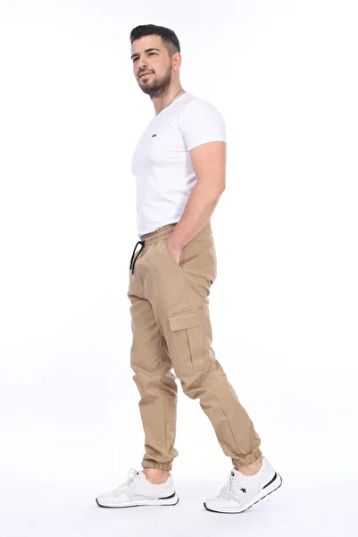 VIKUNYA Men's Camel Jogger Cotton Lycra Cargo Pants with Elastic Waist and Legs Gabardine Cargo Pocket Trousers