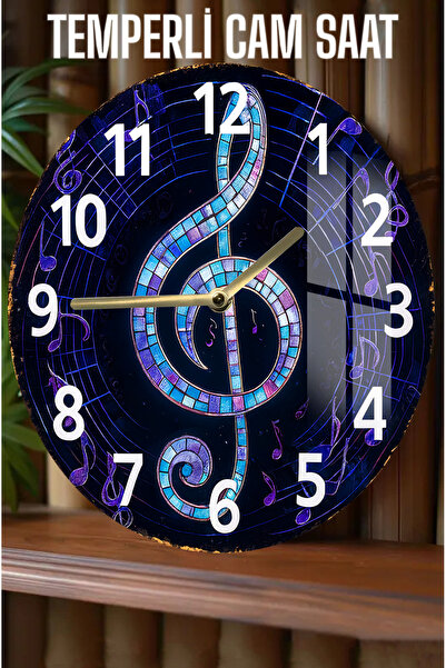 kutuTR renkli mozaik desenli nota figürlü 3D Görünümlü Temperli Cam Saat – 33 cm CSDW408