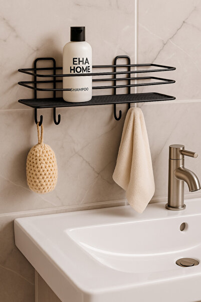 buççin online mağaza Güçlü yapışkanlı 4 kancalı banyo düzenliyici raf Siyah