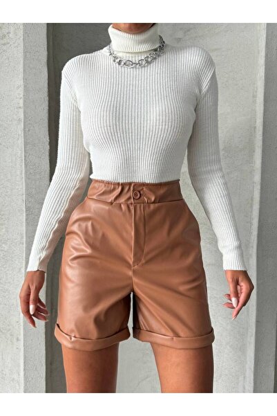 Bleu Petite Beli Lastikli Duble Paça Suni Deri Kadın Şort