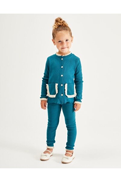 Pinkitokids Fisto Detailed Knitwear Girl's Cardigan and Leggings Set-Turquoise