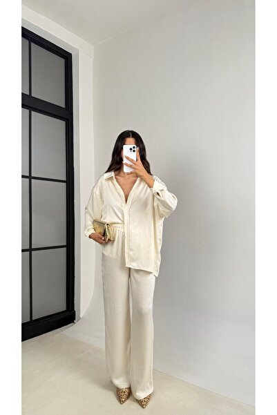 Gaus قميص إكرو مع بنطال مطاطي الخصر طقم ساتان ممتاز مكون من قطعتين GAUS-0074