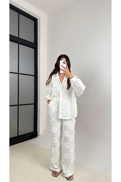 Gaus قميص أبيض مزين بالحجر وسروال مطاطي بخصر من تصميم GAUS-004