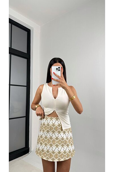 Gaus Taş Etnik Desenli Keten Şort Etek GAUS-0062