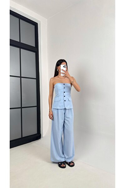 Gaus Mavi Straplez Düğmeli Astarlı Yelek Cepli Pantolon İkili Keten Tasarım T...