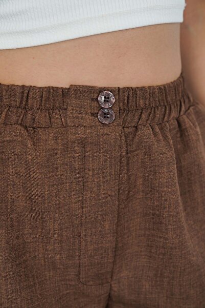 polle Γυναικείο καφέ λινό σορτς με ελαστική μέση και κουμπιά