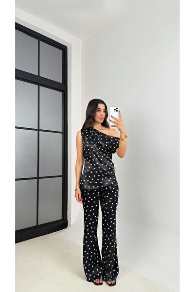 Gaus Siyah Puantiyeli Asimetrik Kesim Bluz Beli Lastikli Pantolon Saten Takım...