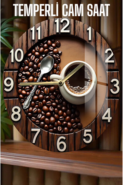 kutuTR Kahve Çekirdekleri & Fincan Tasarımlı 3D Görünümlü Temperli Cam Saat – 33 cm CSDW415