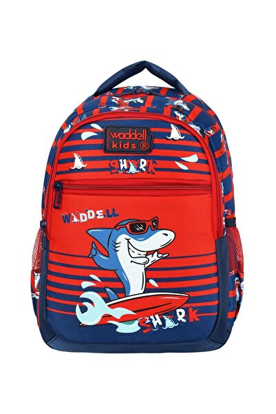 H&D COLLECTİON Licensed Red Shark Patterned Primary School Backpack for Boys, Lunchbox and Pen Holder