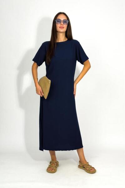 Betimoda Women's Wrinkle Fabric Slit Oversize Short Sleeve Crew Neck Midi Length Dress Navy Blue