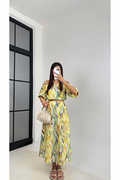 Gaus Yeşil Desenli Balon Kol Crop Etek İkili Keten Takım GAUS-0055