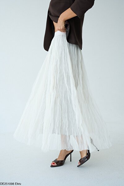 FEMMESTUDIO Women's Ecru Elastic Waist Tulle Skirt