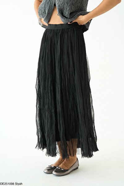 FEMMESTUDIO Γυναικεία μαύρη λαστιχένια φούστα μέσης από τούλι