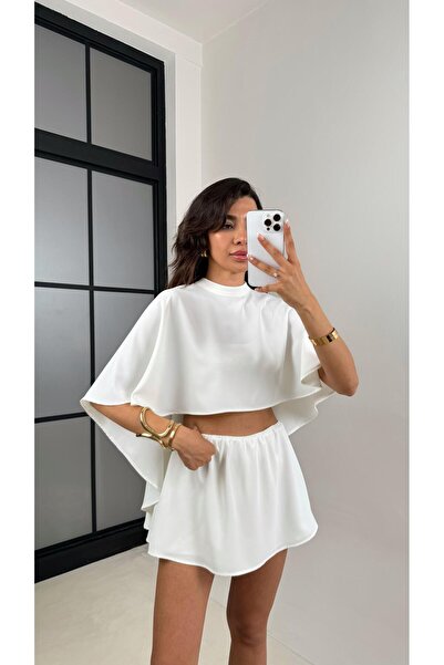 Gaus Beyaz Pelerinli Beli Lastikli Crop Şort Üçlü Şifon Takım Gaus00638