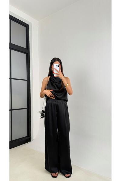 Gaus Siyah Degaje Yaka Bluz Beli Lastikli Pantolon Saten Takım GAUS-0056
