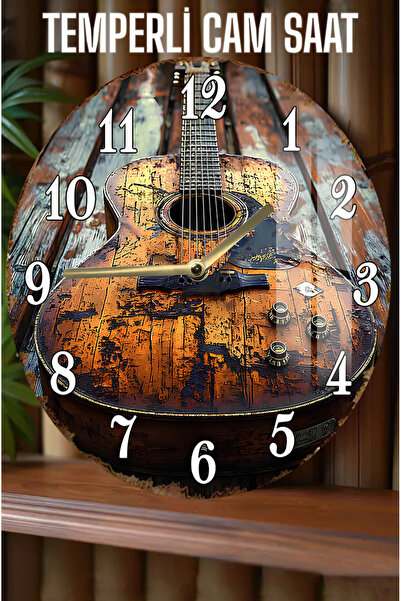 kutuTR Retro Ahşap Gitar Desenli 3D Görünümlü Temperli Cam Saat – 33 cm CSDW419