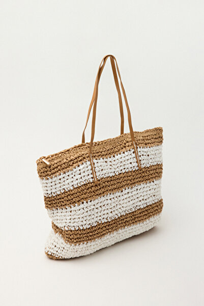 LUTVELIZADE Çanta 2513 - Hasır Çizgili Örme Beyaz-Camel Kadın Çanta