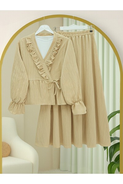 Modamorfo Kimono Set with Ruffled Collar and Tie Front Skirt - Light Mink