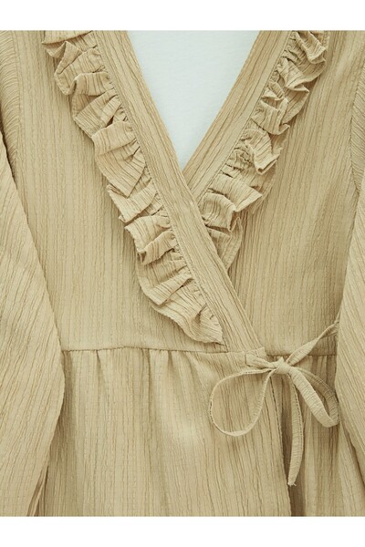 Modamorfo Kimono Set with Ruffled Collar and Tie Front Skirt - Light Mink