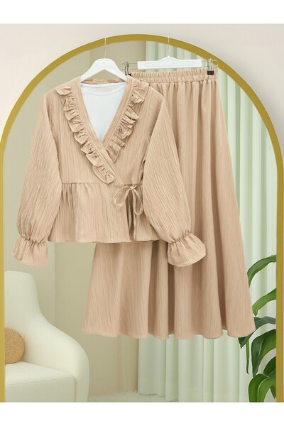 Modamorfo Kimono Set with Ruffled Collar and Tie Front Skirt - Salmon