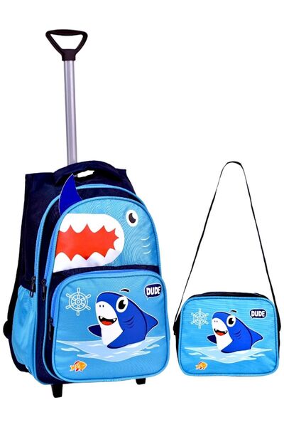 H&D COLLECTİON Squeegee Shark Printed, Orthopedic Back Feature, Primary School Bag + Lunchbox